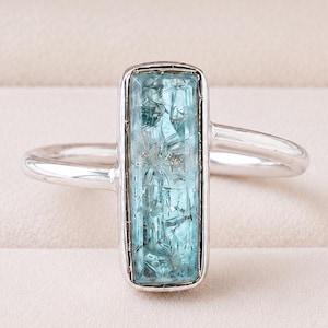 Aquamarine Blue Crushed Stone Bar Ring, Minimalist Sterling Silver Ring, Rectangle Inlay Ring, Dainty Stackable Ring, Gift for Her