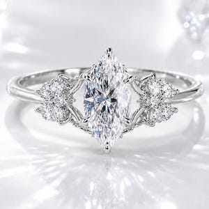 Marquise Moissanite Nature Inspired Engagement Ring, Leaf & Petal Wedding Ring, Solid Gold Branch Ring, Anniversary Gift for Her