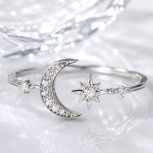 Celestial Moon & Star CZ Ring, Open Crescent Moon Ring, Minimalist Galaxy Night Sky Ring, Round Cut CZ Open Cuff Wedding Ring