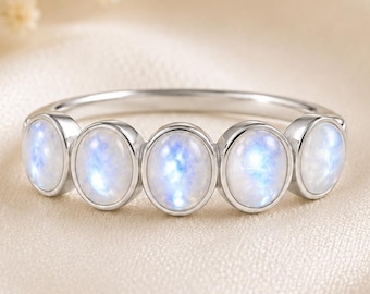 Moonstone Band Ring Sterling Silver Oval Cabochon Stacking Band Birthday Gift for Women Handmade Jewelry