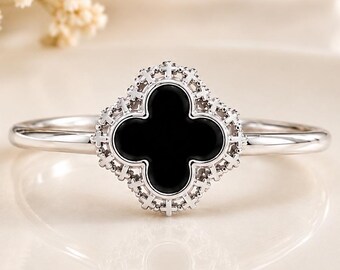 Black Onyx Clover Ring, Four Leaf Clover Ring, Vintage Black Onyx Ring, Sterling Silver Statement Ring, Gold Jewelry Gift for Her