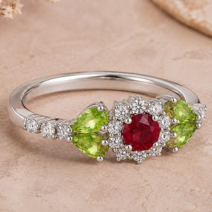 Ruby Peridot Ring, Floral Gemstone Jewelry, Round Red Center, Green Peridot Accents, Vintage Inspired Band, Romantic Gift for Her