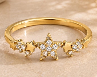 CZ Celestial Ring, Five Point Star Jewelry, Shimmering Night Sky Band, Dainty Fantasy Accessory, Unique Bridal Accent, Gift for Wife