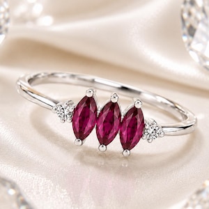 Ruby Marquise Ring, Red Ruby Three Stone Ring, Marquise Gemstone Engagement Ring, CZ Accent Bridal Ring, Vintage Inspired Jewelry, Gift for