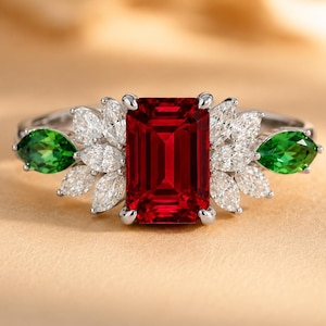 Op de afbeelding: Een zilveren ring met een grote smaragdgeslepen rode middensteen, geflankeerd door clusters van wit geslepen marquise-stenen en aan weerszijden een groene marquise-geslepen steen, op een gepolijste zilveren band.