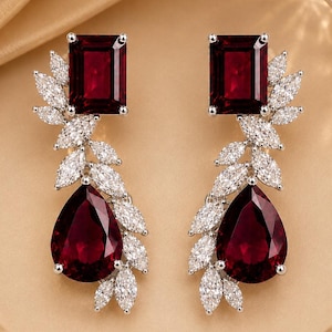 Ruby Drop Earrings, Emerald Cut Ruby Earrings, Pear Shape Gemstone Earrings, Moissanite Leaf Earrings, Statement Dangle Earrings