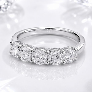 Moissanite Wedding Band, Five Stone Moissanite Ring, Half Eternity Ring, Sterling Silver Anniversary Ring, Stackable Wedding Band
