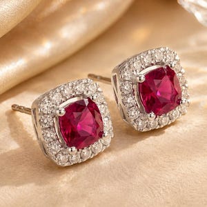Ruby CZ Stud Earrings, Cushion Cut Ruby Earrings, Red Gemstone Halo Earrings, Elegant Stud Earrings, Bridal Jewelry, Gift for Her