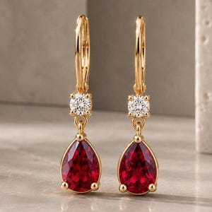 Pear Cut Ruby Drop Earrings, Red Gemstone Dangle Earrings, Sparkling CZ Statement Earrings, Elegant Bridal Jewelry, Gift for Her