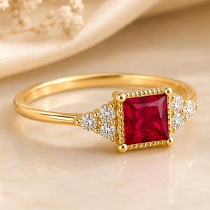 Ruby Engagement Ring with CZ, Square Cut Red Gemstone Ring, Luxury Bridal Ring, Statement Ring for Her, Elegant Anniversary Gift