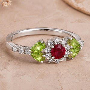 Ruby Peridot Ring, Floral Gemstone Jewelry, Round Red Center, Green Peridot Accents, Vintage Inspired Band, Romantic Gift for Her