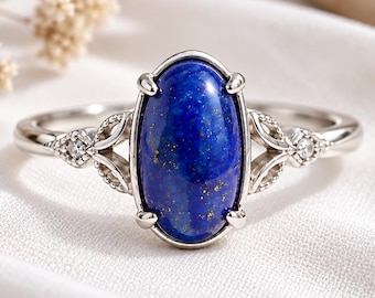 Lapis Lazuli Oval Cabochon Ring Sterling Silver Filigree Vintage Engagement Anniversary Gift Women