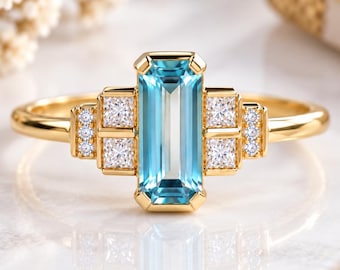 Aquamarine Ring Emerald Cut Gold Art Deco Engagement Vintage Style Unique Promise Gift for Her Women
