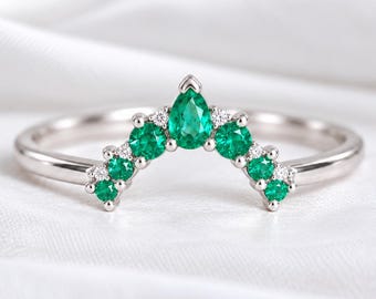 Emerald Ring 925 Silver Pear Shape Curved Tiara Wedding Band Stacking Anniversary Gift For Her