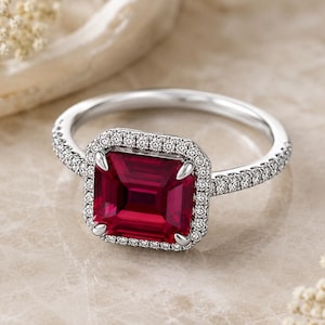 Ruby and CZ Ring, Cushion Cut Red Center, Sparkling Halo, Pavé Band, Elegant Cocktail Jewelry, Statement Bridal Gift for Her