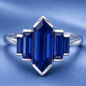 Art Deco Blue Sapphire Ring, Kite Cut Sapphire Engagement Ring, Silver Statement Ring, Geometric Promise Ring, Gift for Her