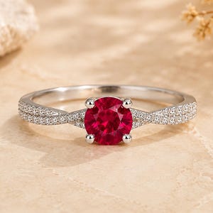 Round Ruby Jewelry, Red Gemstone Bridal Band, CZ Pave Shoulder Ring, Sterling Silver Engagement Style, Romantic Gift for Her