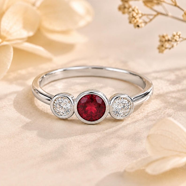 May include: A silver-toned ring featuring a central round-cut deep red gemstone flanked by two smaller round-cut clear white gemstones. Each stone is set in a smooth bezel setting on a polished metal band with a rounded profile and high shine.
