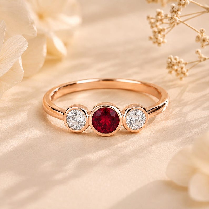 May include: A rose gold ring featuring a central round-cut red ruby flanked by two smaller round-cut white diamonds. Each gemstone is set in a smooth bezel setting, creating a three-stone design on a polished, slender rose gold band.