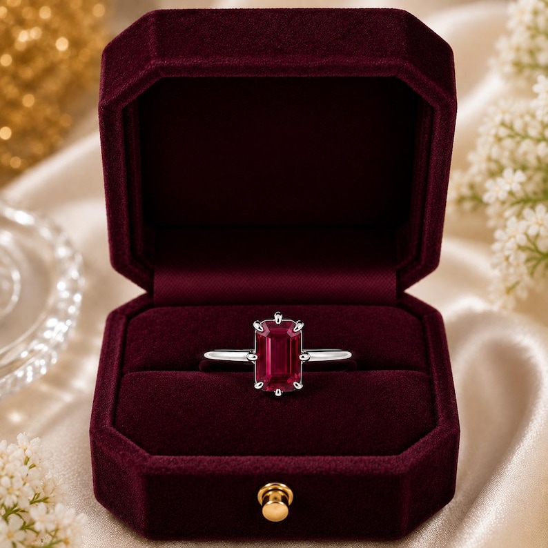 Op de afbeelding: Een zilveren ring met een rechthoekige, smaragdgeslepen dieprode edelsteen in een zetting met zes pootjes. De ring wordt gepresenteerd in een open, donkerbordeauxrode fluwelen juwelendoos met een goudkleurige metalen sluiting aan de voorzijde.