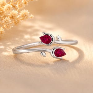 Ruby Tulip Ring, Adjustable Sterling Silver Ring, Floral Open Ring, Botanical Flower Jewelry, Nature Inspired Gift for Women image 2