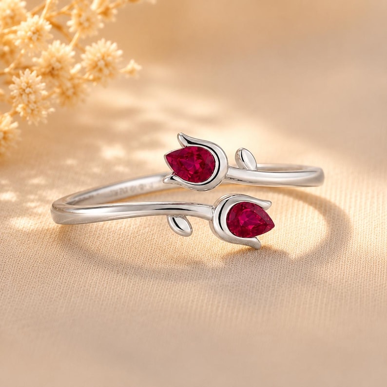 Ruby Tulip Ring, Adjustable Sterling Silver Ring, Floral Open Ring, Botanical Flower Jewelry, Nature Inspired Gift for Women image 2