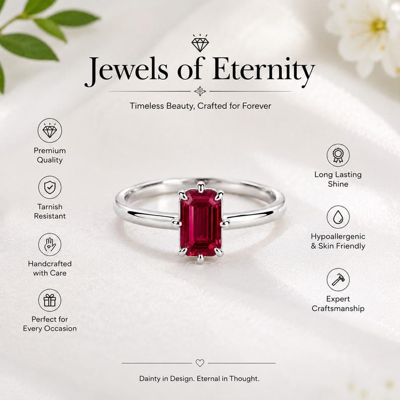 Op de afbeelding: Een zilverkleurige ring met een rechthoekige, smaragdgeslepen rode edelsteen die door zes pootjes wordt vastgehouden. De afbeelding bevat de tekst Jewels of Eternity, Timeless Beauty, Crafted for Forever en Dainty in Design. Eternal in Thought, met iconen.