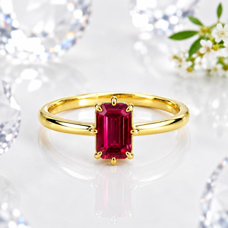 Op de afbeelding: Een gouden ring met een enkele, smaragdgeslepen, levendig rode edelsteen in een zetting met vier pootjes. De ringband is glad en gepolijst en toont een strak ontwerp dat de diepe karmozijnrode kleur en rechthoekige vorm van de steen benadrukt.
