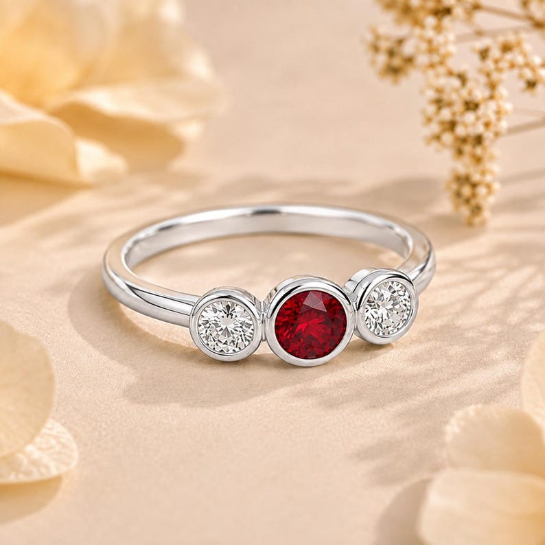 May include: A silver-toned ring featuring a central round-cut red gemstone flanked by two smaller round-cut clear white gemstones. Each stone is secured in a smooth bezel setting along the polished metal band, creating a three-stone design.