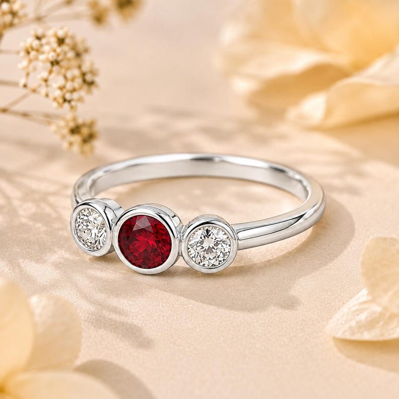 May include: A silver-toned ring featuring a central round-cut red gemstone flanked by two smaller round-cut clear white gemstones. Each stone is set in a smooth bezel setting on a polished metal band, creating a three-stone design with a clean look.