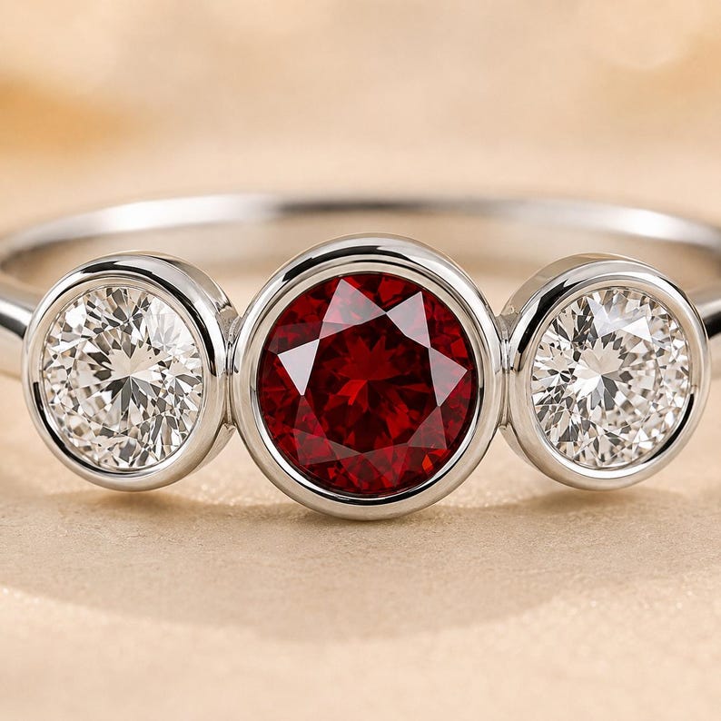 May include: A silver-toned ring featuring a three-stone design with a central round-cut deep red gemstone flanked by two smaller round-cut clear white gemstones. Each stone is secured in a smooth bezel setting on a polished metal band.