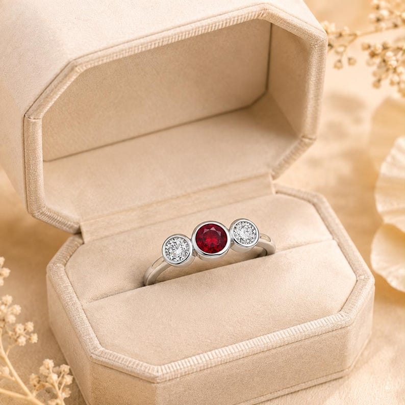 May include: A silver-toned ring featuring a central round-cut red ruby flanked by two smaller round-cut clear white diamonds. Each stone is set in a smooth bezel setting on a polished metal band, presented inside a beige velvet jewellery box.