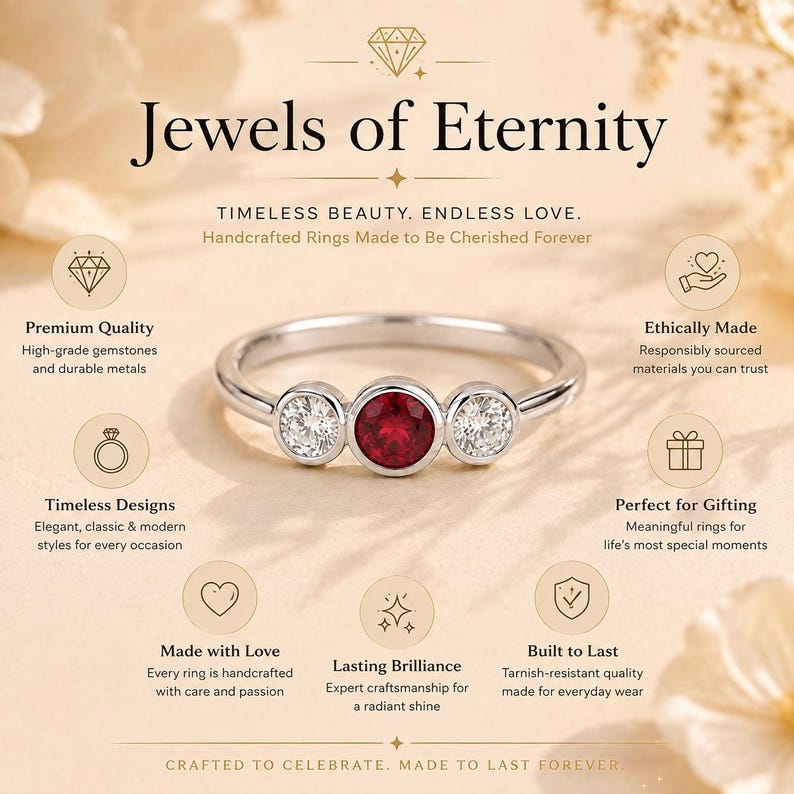 May include: A silver-toned ring featuring a central round red gemstone flanked by two smaller round clear gemstones. The image includes the text Jewels of Eternity, Timeless Beauty, Endless Love, Handcrafted Rings Made to Be Cherished Forever, and Crafted to Celebrate, Made to Last Forever.