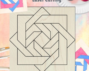 May include: A wooden barn quilt block design with a geometric pattern in black lines. The image includes the text "svg file", "Wood Quilt Blocks Laser Cutting", and "Instant Digital Download Barn Quilt Block Design". Colorful painted wood pieces are also shown.