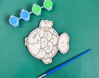 Fisk SVG målar efter nummer kit, barn målarkit laserskurna filer, Lightburn och Glowforge filer