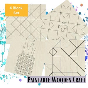 May include: A set of four square light-colored wooden blocks featuring black line art designs. The patterns include a geometric grid, a star motif, a pineapple illustration, and an abstract bird shape. The text 4 Block Set and Paintable Wooden Craft is visible.