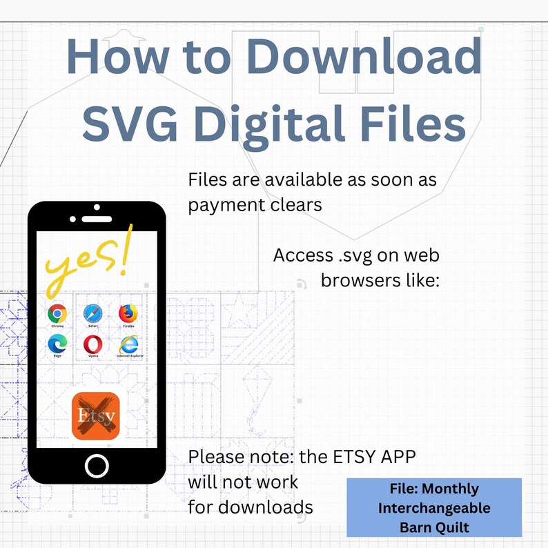 The image is a promotional graphic for a software application called ETSY, which allows users to download digital files. The image features a smartphone displaying the ETSY app, and it includes text providing information about the app's availability and how to download it.