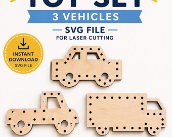 Auto's en pick-up truck veterspelkaarten SVG, houten speelgoed lasersnijbestanden, knutselactiviteit voor kinderen en cadeau voor jongens