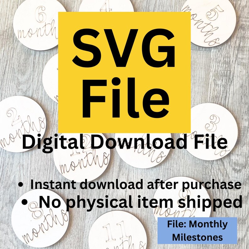 The image is a promotional graphic for a digital download file, featuring a yellow square with the text "SVG File" and a list of items, including a digital download file and a list of milestones.