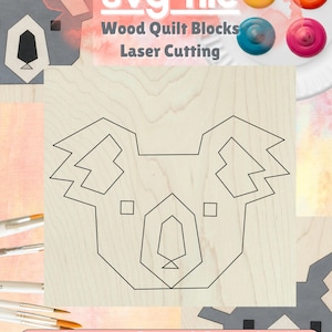 May include: A square wooden panel featuring a geometric koala head outline. The text reads svg file Wood Quilt Blocks Laser Cutting and Instant Digital Download Barn Quilt Block Design. The design is composed of clean black lines on light wood.