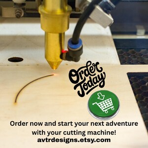 a cutting machine with a red light, and there is a green button with a shopping cart icon on it. The text overlay encourages viewers to "Order today and start your next adventure with your cutting machine!" and provides a website address, "avtr Designs.Etsy.com".