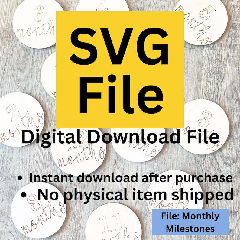 The image is a promotional graphic for a digital download file, featuring a yellow square with the text "SVG File" and a list of items, including a digital download file and a list of milestones.
