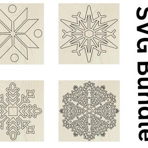 Conjunto de 4 archivos SVG de colcha de granero con copos de nieve, patchwork de granja clásico, invierno y Navidad.