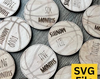 Basketball Monthly Infant SVG Laser Cut File Baby Milestones Hello World Name Tag Glowforge Lightburn Digital Download, Set of 14