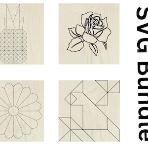 Juego de 4 archivos SVG de corte para colcha de granero, patchwork clásico de granja, piña, rosa de Dresde y pájaro.