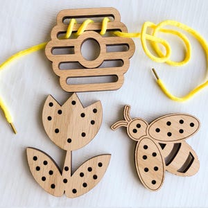 Bienen- und Blumen-Schnürkarten (SVG), Bienenstock-Holzspielzeug (Laserschnittdateien), Montessori-Spielzeug für Kinder und Geschenk für Kleinkinder