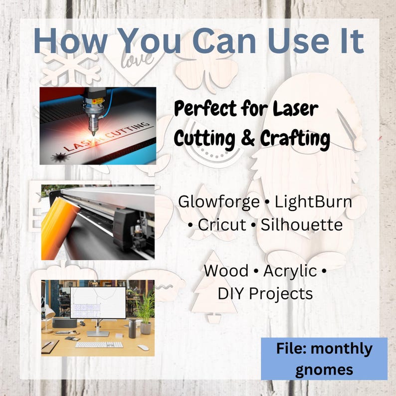 The image is a collage of various crafting and cutting projects, including laser cutting, woodworking, and other creative activities.