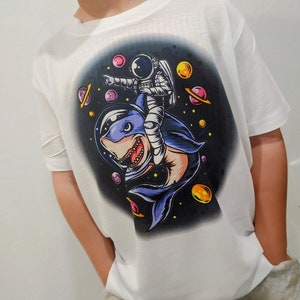 Kids Space Shark Shirt, Astronaut riding Shark in space, Cool, kids clothing