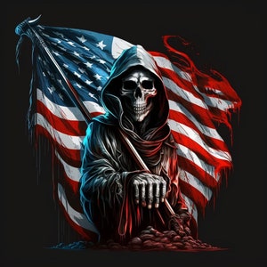 May include: Digital illustration of a grim reaper figure holding a staff and an American flag. The reaper is cloaked in black, with a skeletal face. The flag features red and white stripes and blue field with white stars.