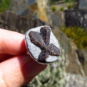 Staurolite cross ring size 6, sterling silver gemstone ring size M, raw stone ring size 53, staurolite jewelry, womens ring, mens ring